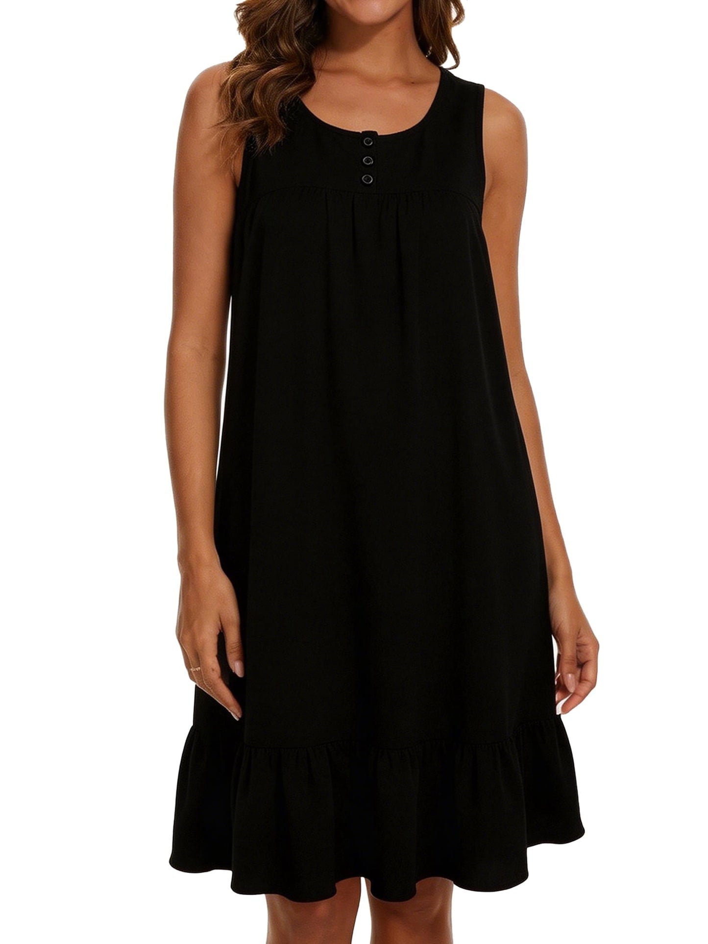MecTo Women’s Cotton Nightgown,Sleeveless Ruffled Hem Loose Muumuu Sleep Dress, Black L