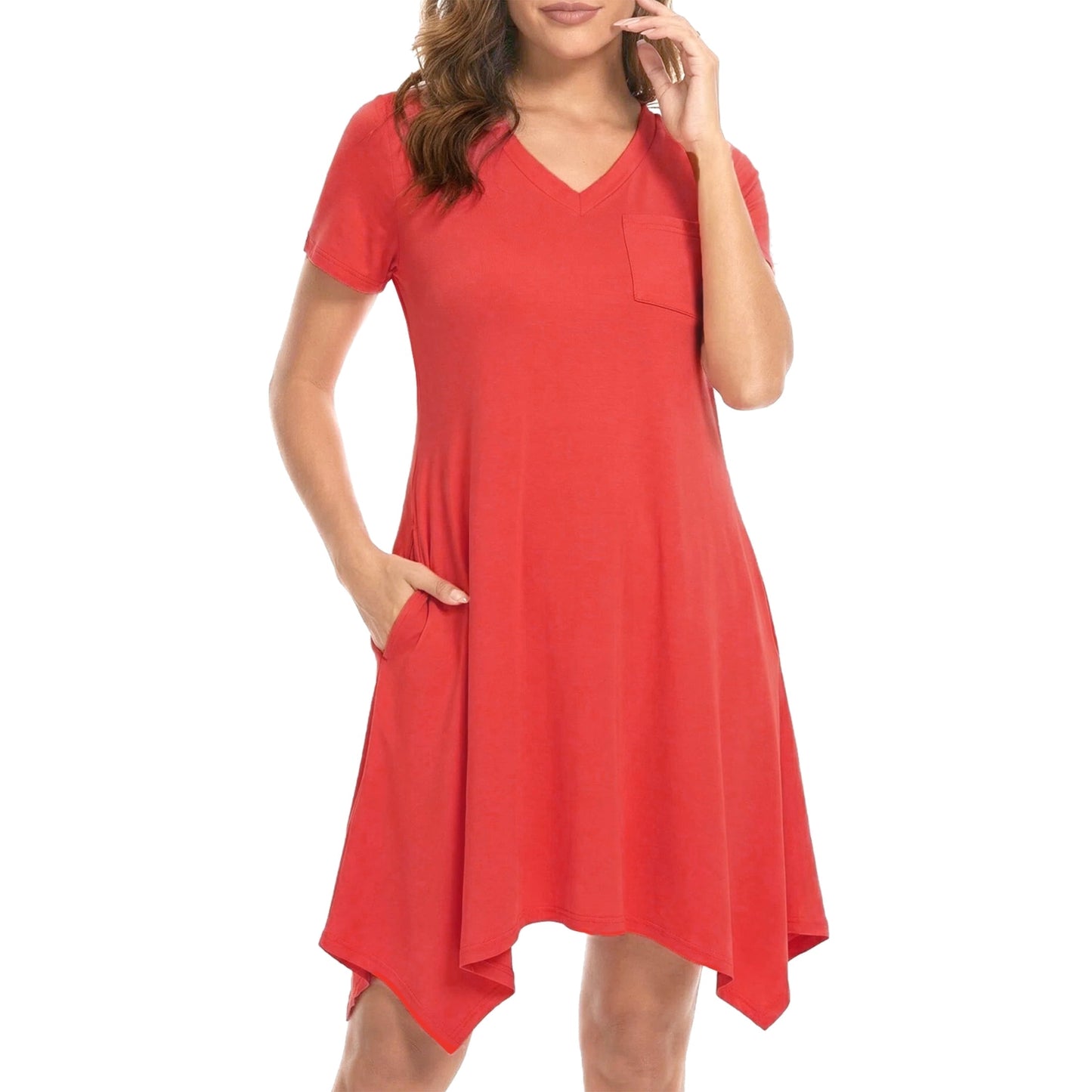 MecTo Summer Dresses for Women Soft V-neck Short Sleeve T shirts Asymmetrical Hem Casual Dress with Pockets