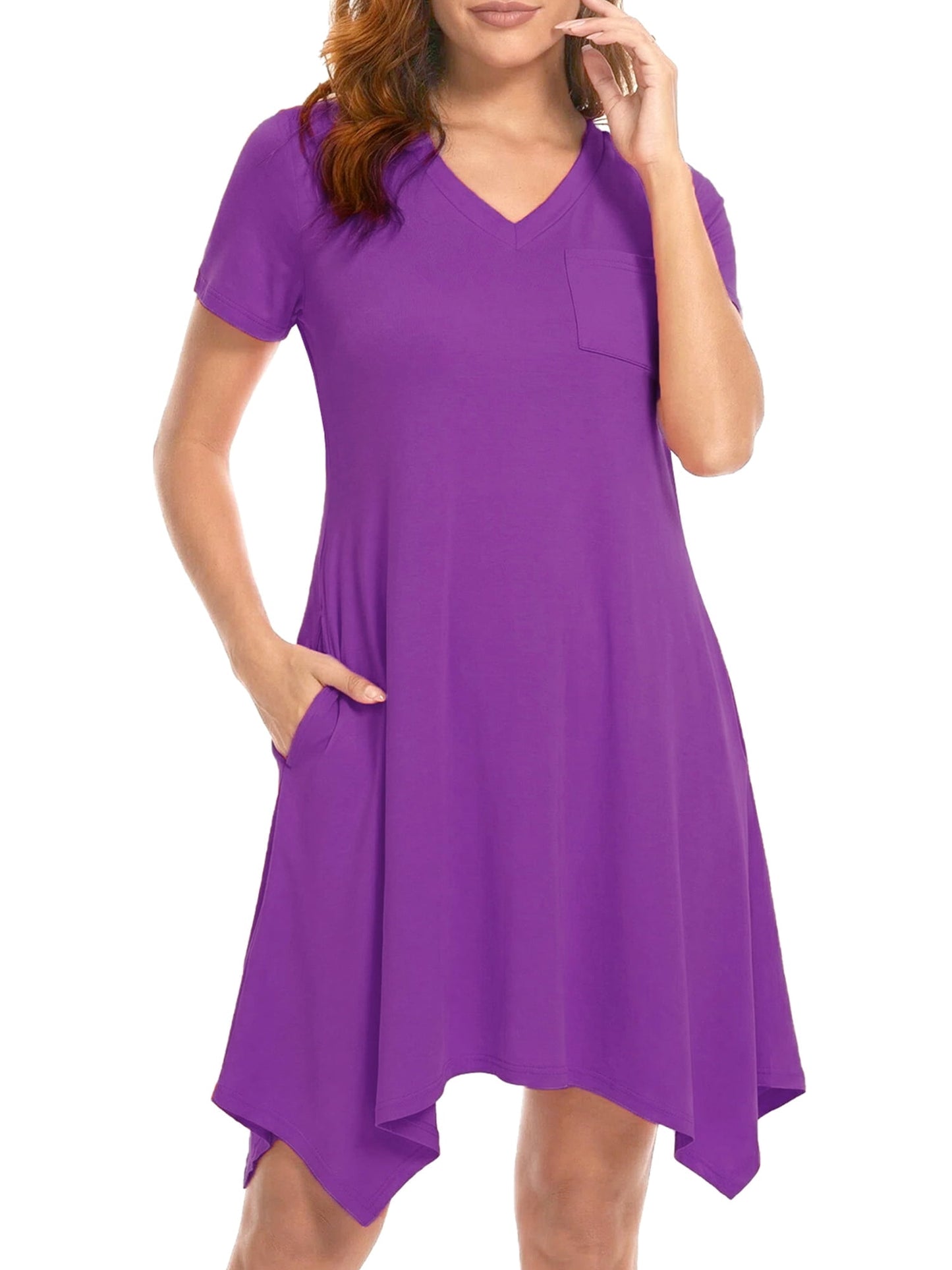 MecTo Summer Dresses for Women Soft V-neck Short Sleeve T shirts Asymmetrical Hem Casual Dress with Pockets