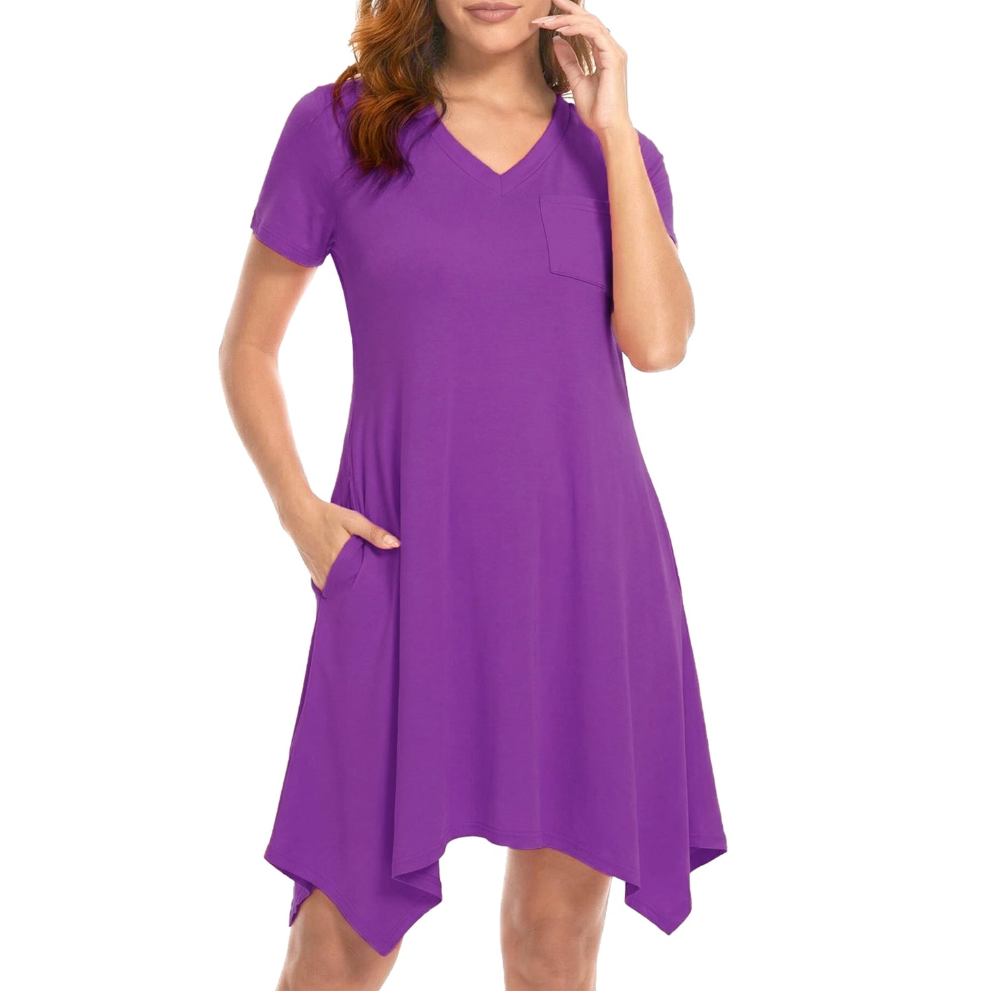 MecTo Women's Nightgown, Soft V-Neck Short Sleeve Nightgowns for Women with Pockets, Irregular Hem Casual Sleep Dress & Sleepshirt for Ladies