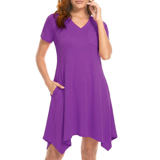 MecTo Women's Nightgown, Soft V-Neck Short Sleeve Nightgowns for Women with Pockets, Irregular Hem Casual Sleep Dress & Sleepshirt for Ladies