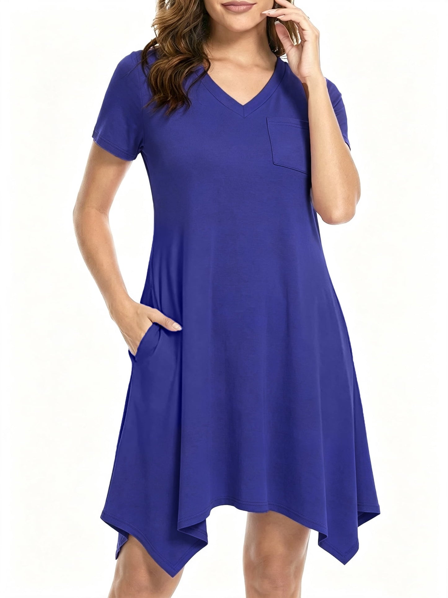MecTo Women's Nightgown with Pockets, Soft V-Neck Short Sleeve Sleep Dress, Irregular Hem Stretchy Lounge Sleepwear Casual Nightshirt Beach Cover Up for Women