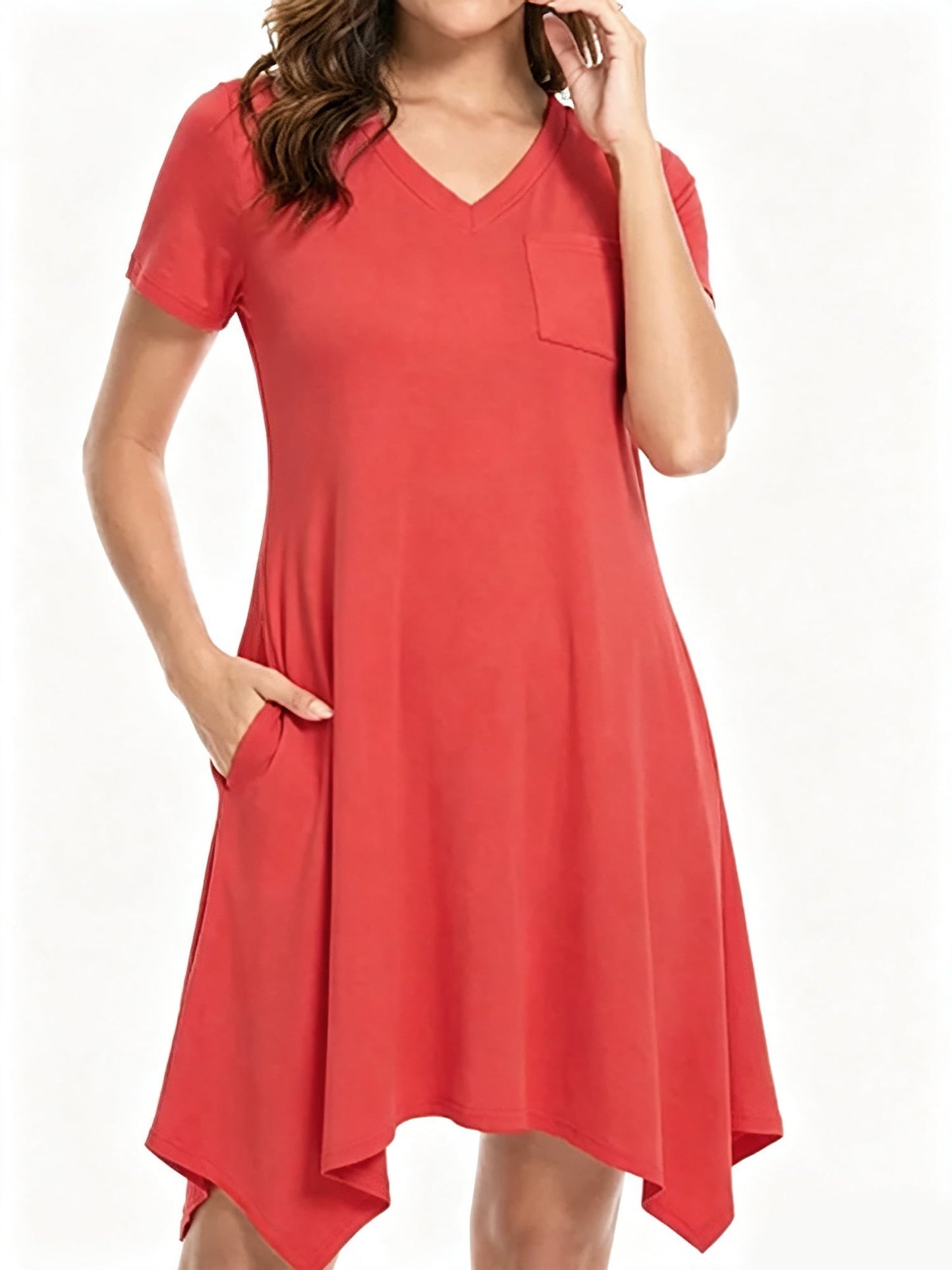 MecTo Women's Nightgown with Pockets, Soft V-Neck Short Sleeve Sleep Dress, Irregular Hem Stretchy Lounge Sleepwear Casual Nightshirt Beach Cover Up for Women
