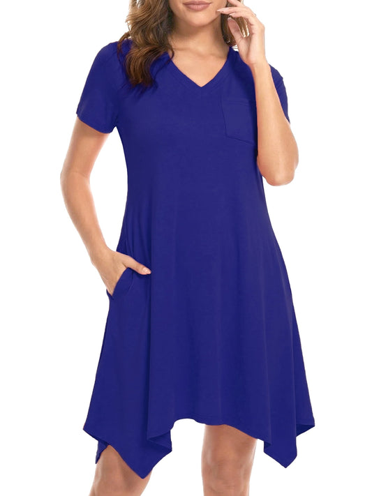 MecTo Summer Dresses for Women Soft V-neck Short Sleeve T shirts Asymmetrical Hem Casual Dress with Pockets