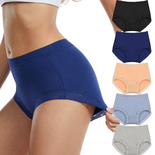 MecTo Womens Cotton Underwear 5 Pack Lace Trim High Waisted Panties Breathable Wicking Briefs