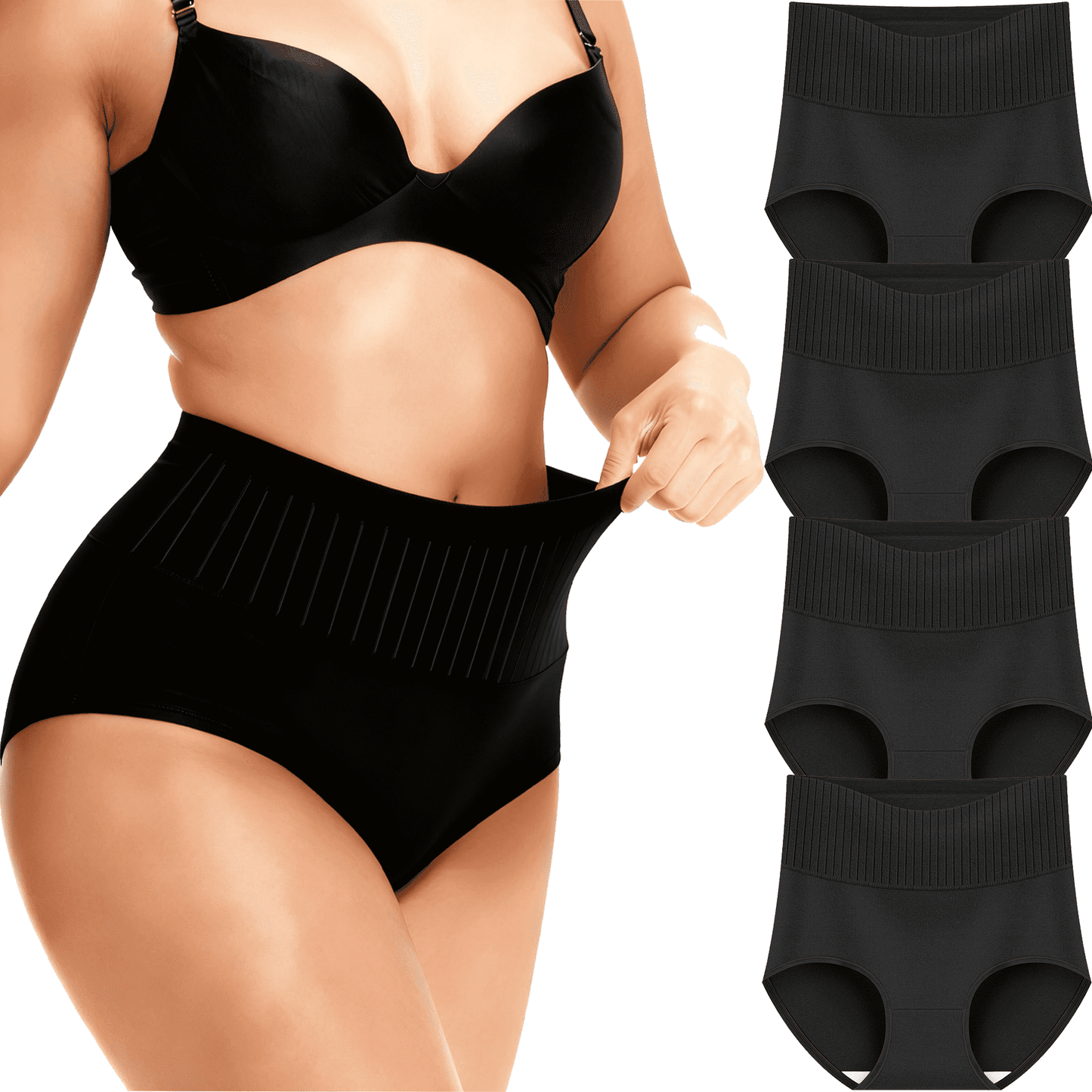 MecTo Womens Cotton Underwear High Waisted Tummy Control Breathable Panties Plus Size Ladies Panties 4 Pack, Black