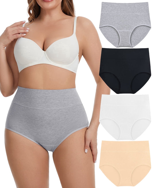 MecTo Womens Cotton Underwear Plus Size 4 Pack High Waisted Briefs Full Coverage Breathable Ladies Panties