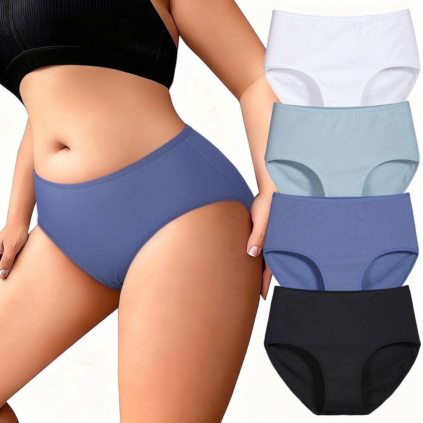 MecTo Womens Cotton Underwear Plus Size, Stretch Briefs High Waisted Full Coverage Breathable Panties 4 Pack