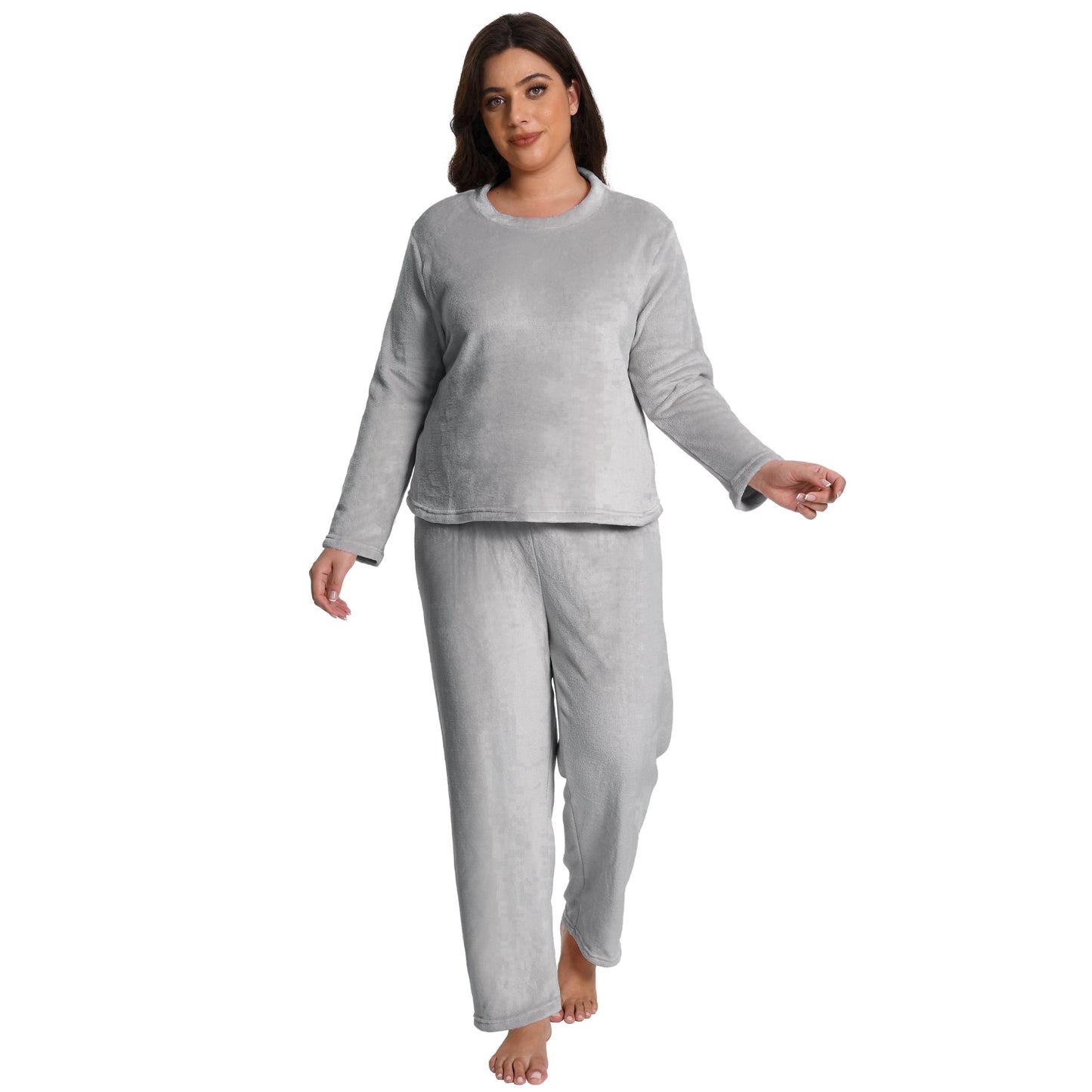 MecTo Women Plus Size Fluffy Pajamas Sets, Lady Fleece Long Sleeves PJ, Grey, 2 piece, Size 4XL