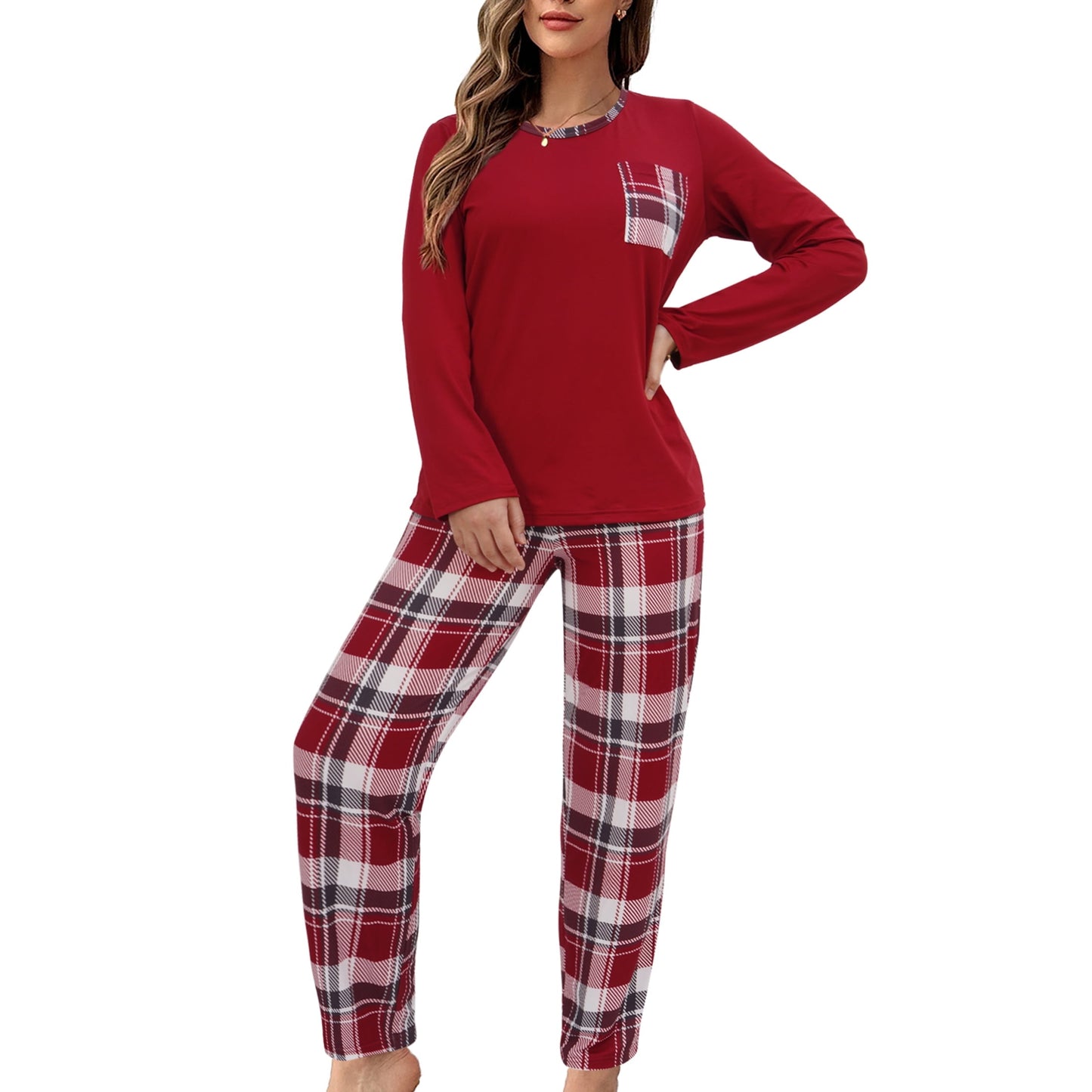 MecTo Women Christmas Pajamas Sets Cotton Pj Set Long Sleeve Top with Long Pants Sleepwear 2 Piece Lounge Set M