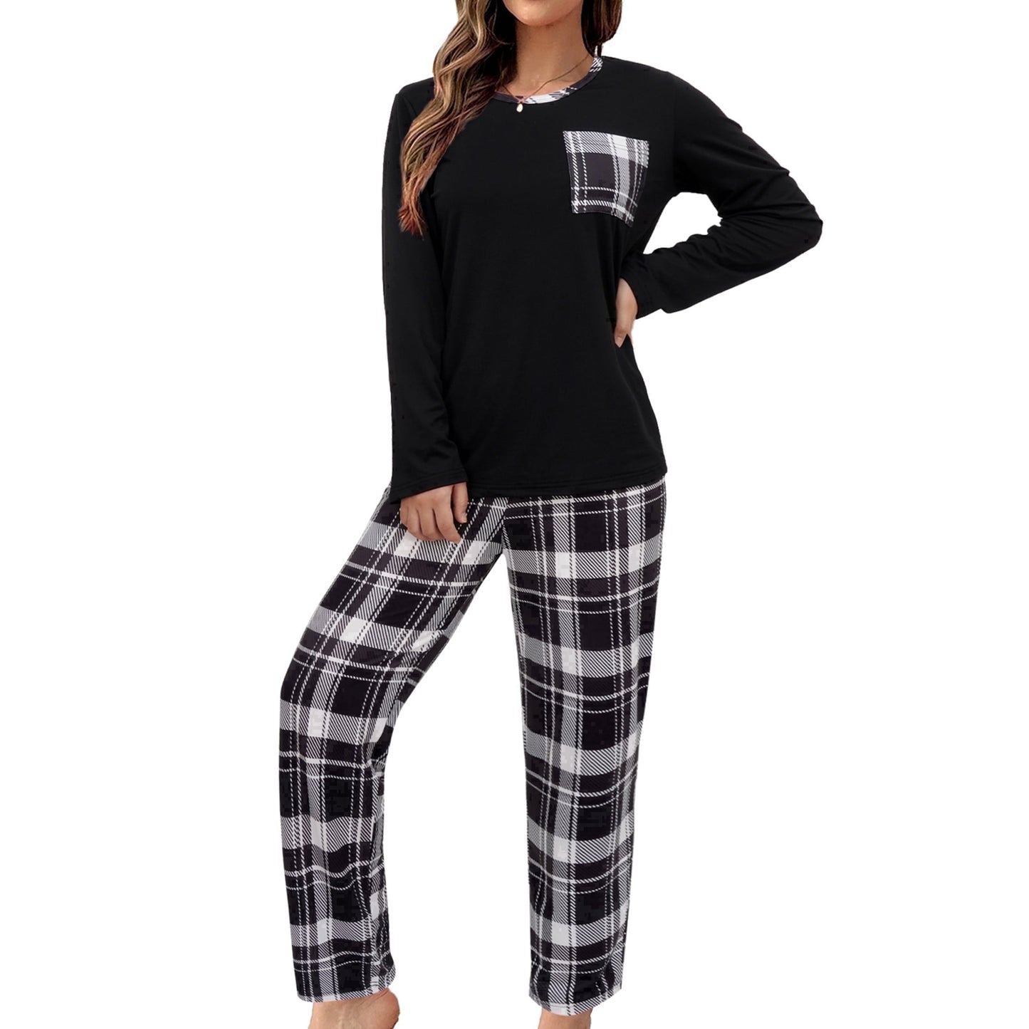 Mecto Women's V-Neck Long Sleeve Pajama Set 2-Piece Soft Regular Fit Sleepwear Casual Loungewear Comfort Nightwear PJ Set