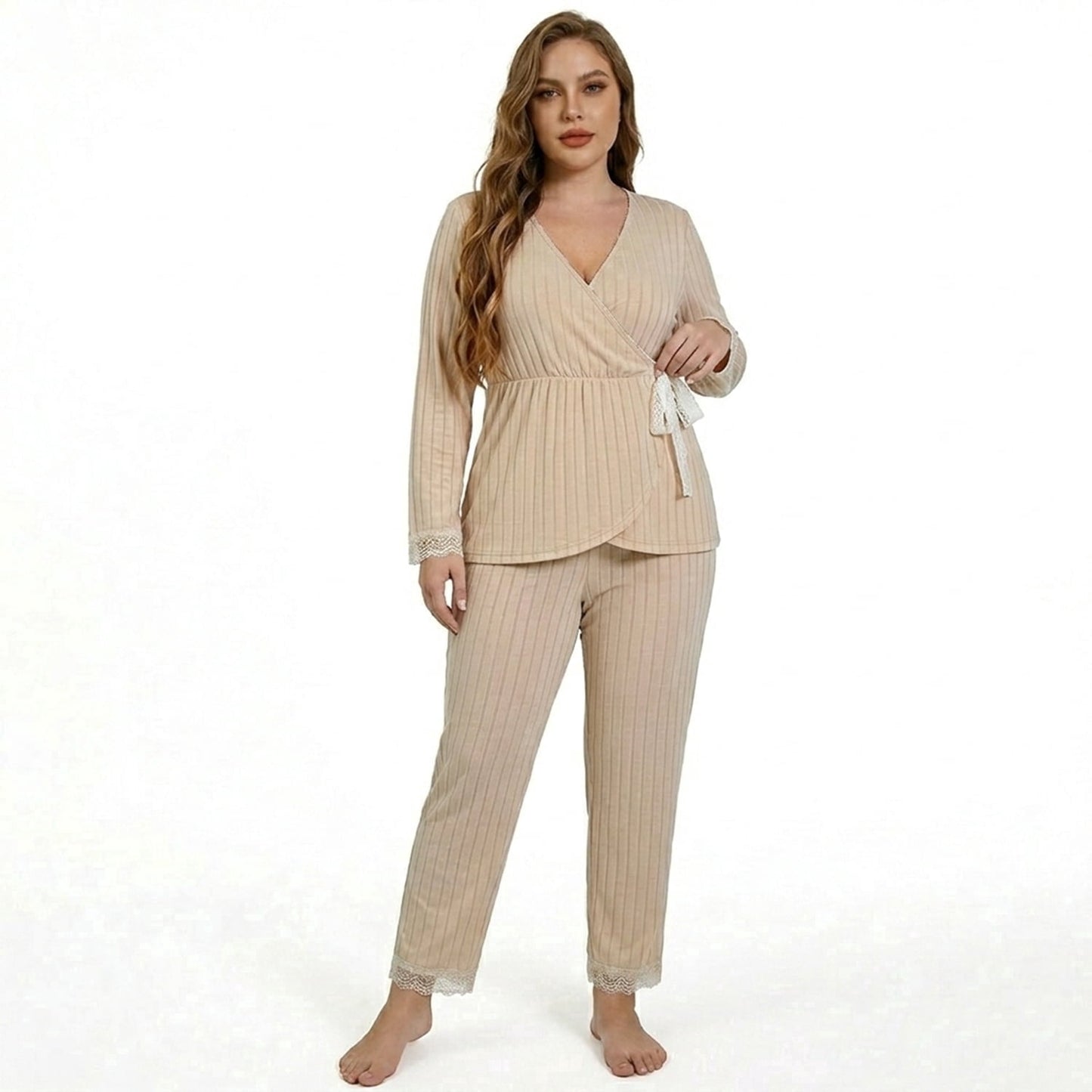Mecto Women's V-Neck Long Sleeve Pajama Set 2-Piece Soft Regular Fit Sleepwear Casual Loungewear Comfort Nightwear PJ Set