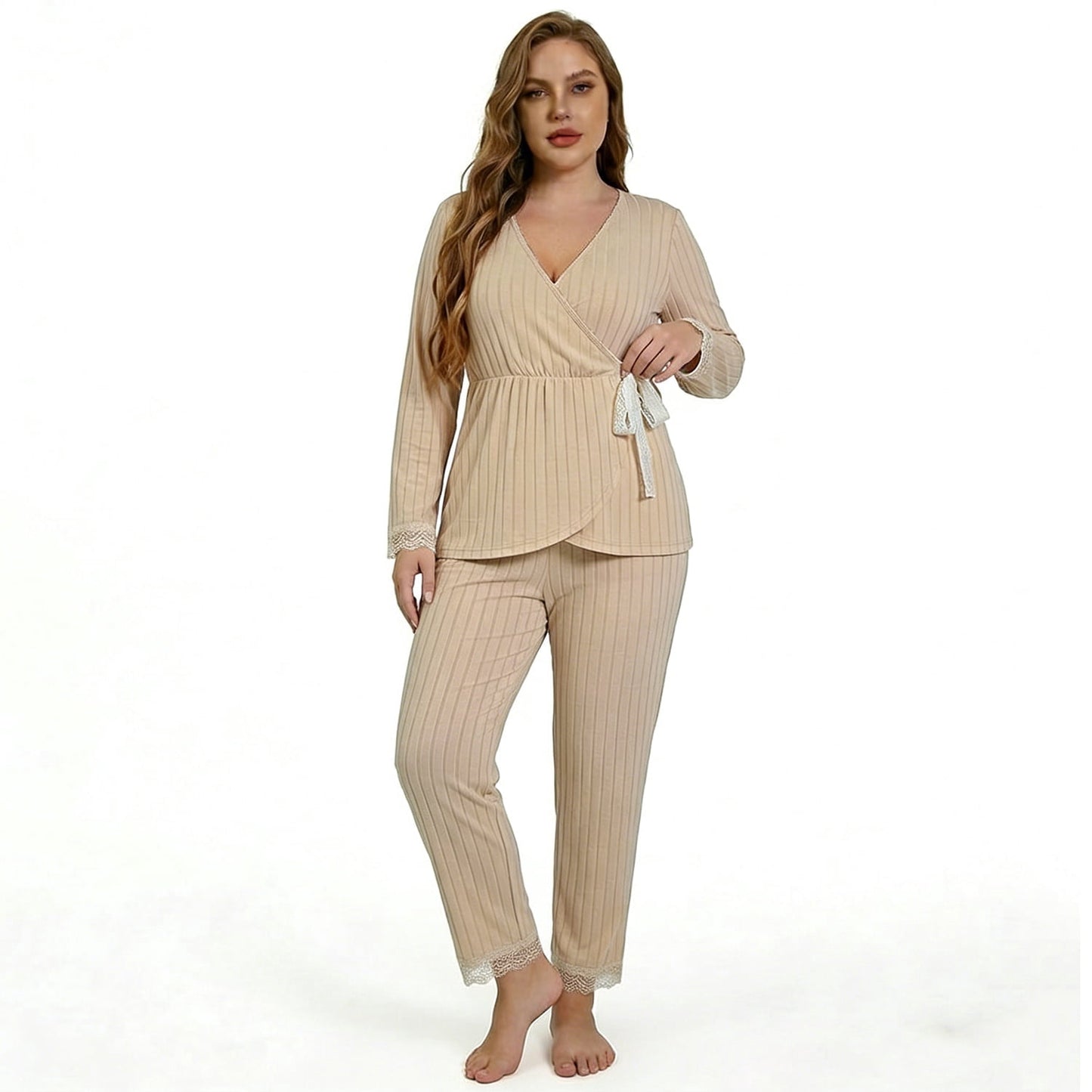 MecTo Women Pajamas Sets, Lady Ribbed Knit V-neck Long-Sleeved PJ, 2 piece, Size S