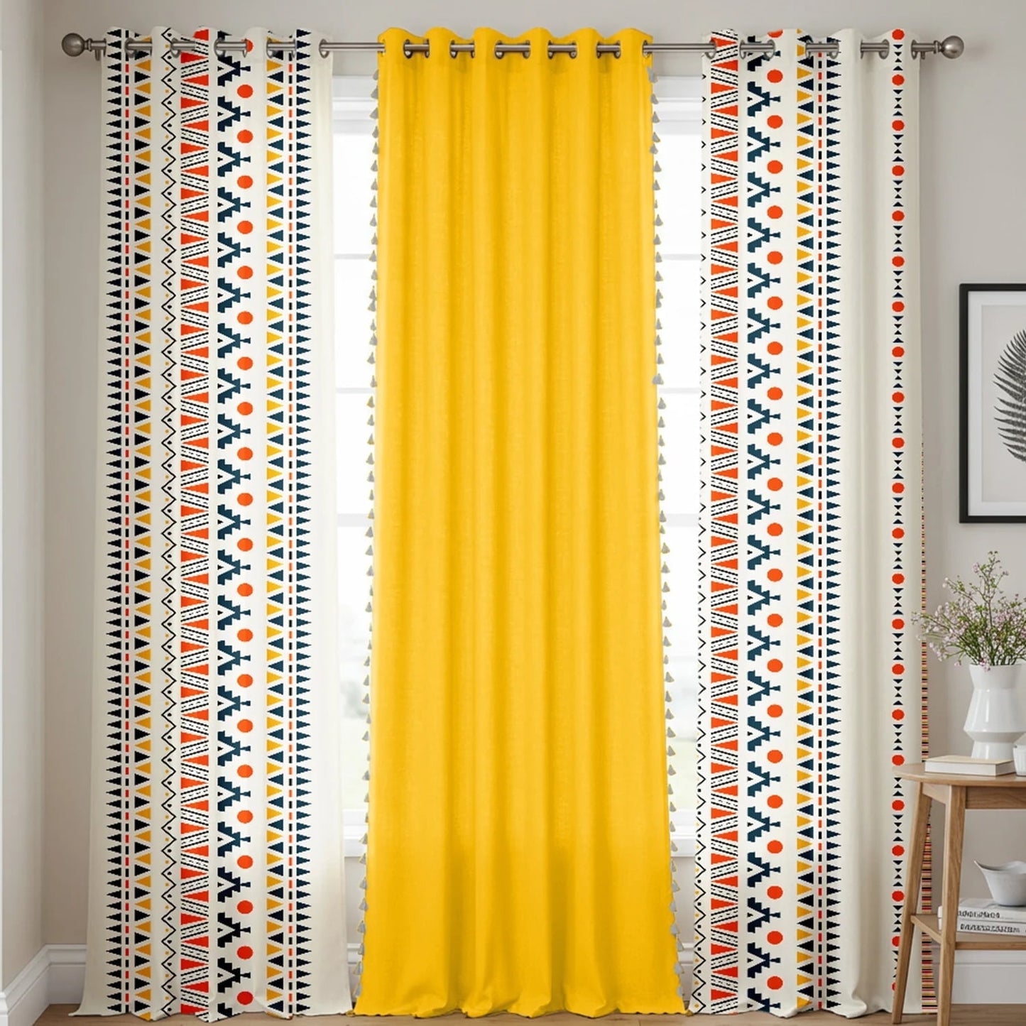 Invoibler Boho Curtains with Tassels,60-65% Room Darkening Curtain,Window Drapes,2 Panel,Yellow