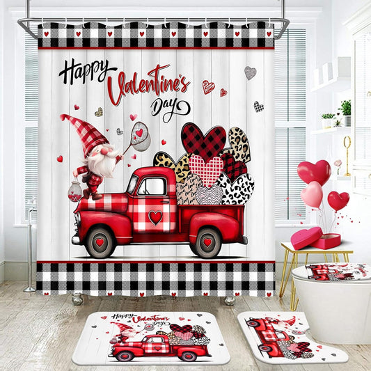 FRAMICS Valentine's Day Shower Curtain Sets with Rugs, 16 Pc Gnome Love Heart Truck Bathroom Sets, Buffalo Check Plaid Waterproof Fabric Bathroom Curtain Decor with Hooks