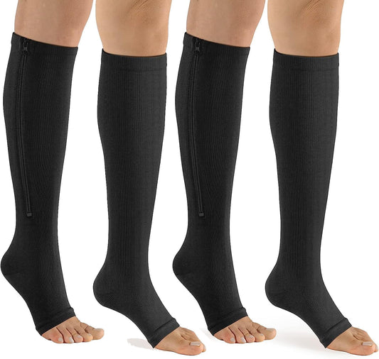 Sunm Boutique 2 Pairs Zipper Compression Socks 15-20 mmHg Open Toe Compression Stocking for Women and Men