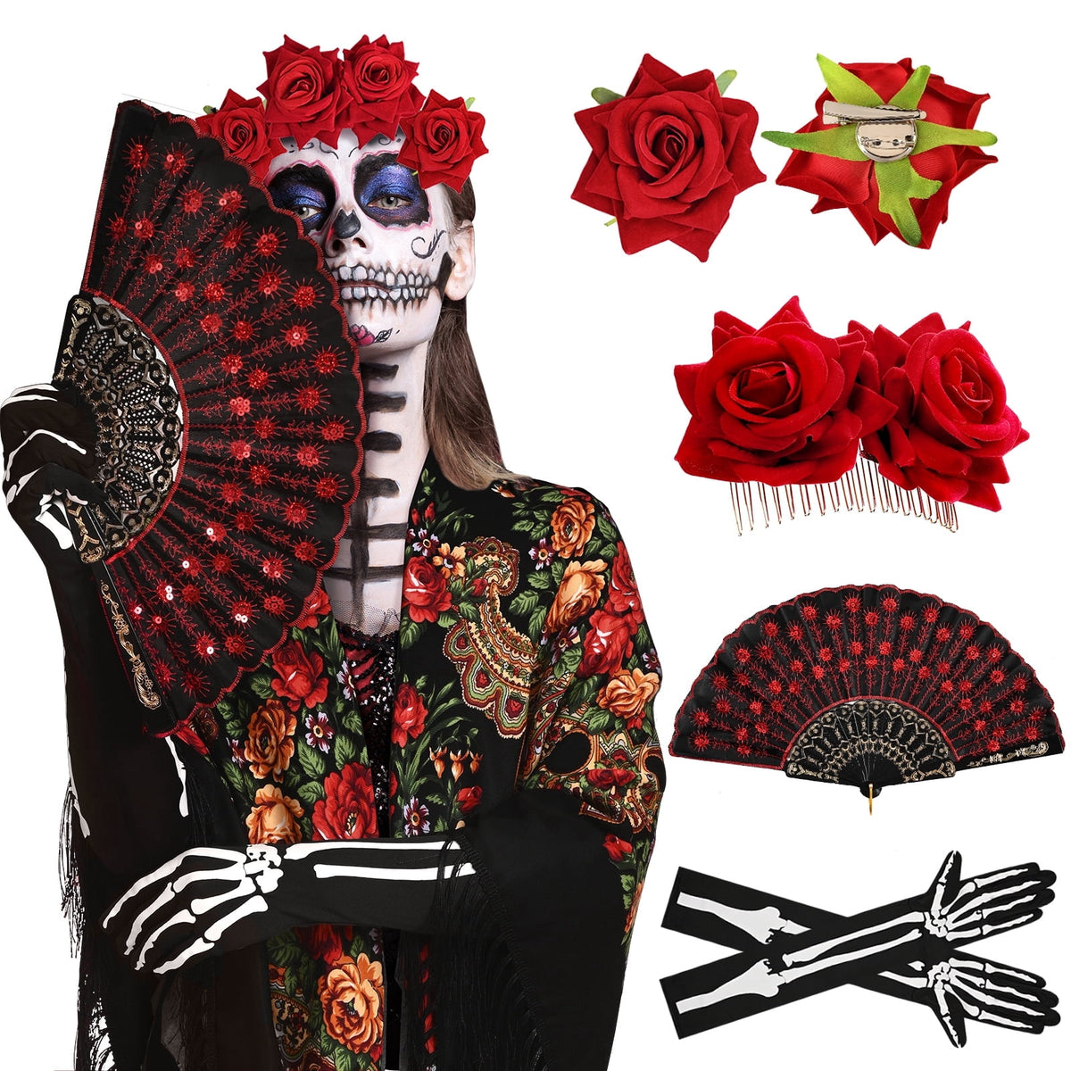 MARTINE MALL 7 Pcs Traditional Mexican Tassel Shawl, Day of the Dead Costumes for Women, Halloween Costume with Flower Hair Clips, Folding Fan, Skeleton Gloves, Temporary Face Tattoos