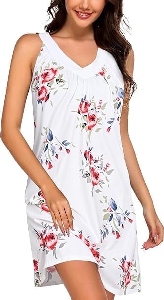 Sunm Boutique Women Cotton Nightgowns Sleepwear Sleeveless V-neck Sleepshirt Sleep Dress with Side Pockets S-XXL