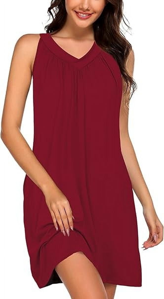 Sunm Boutique Women Cotton Nightgowns Sleepwear Sleeveless V-neck Sleepshirt Sleep Dress with Side Pockets S-XXL
