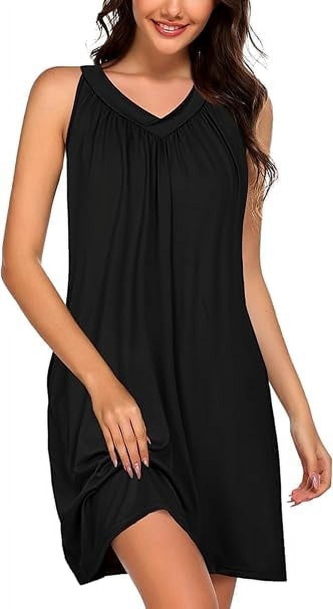 Sunm Boutique Women Cotton Nightgowns Sleepwear Sleeveless V-neck Sleepshirt Sleep Dress with Side Pockets S-XXL