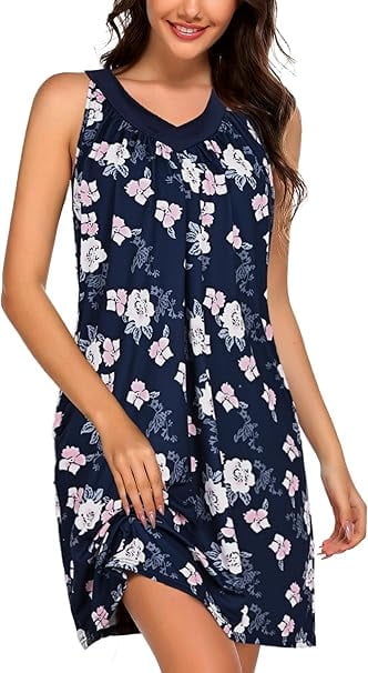 Sunm Boutique Women Cotton Nightgowns Sleepwear Sleeveless V-neck Sleepshirt Sleep Dress with Side Pockets S-XXL