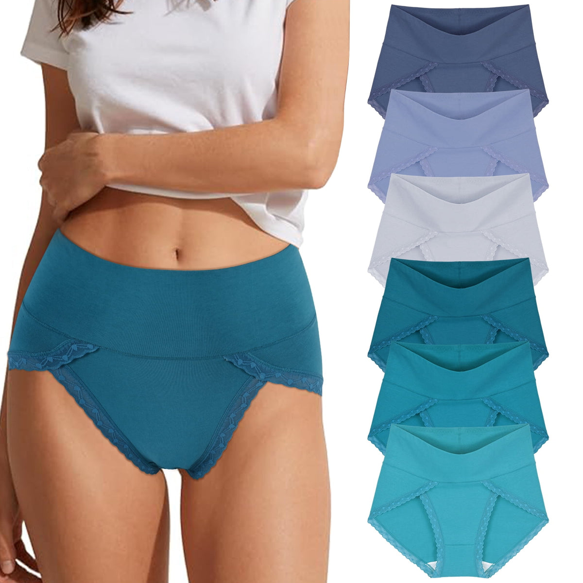 Sunm Boutique High Cut Lace Combed Cotton Underwear for Women, 5-Pack High Waisted Full Coverage Tummy Control Briefs