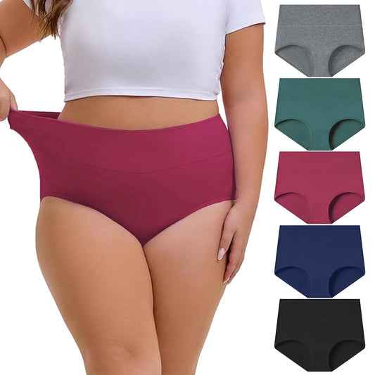Sunm Boutique Women's Plus Size High Waisted Panties Cotton Full Coverage Underwear Briefs(Multicolor,5 Packs)