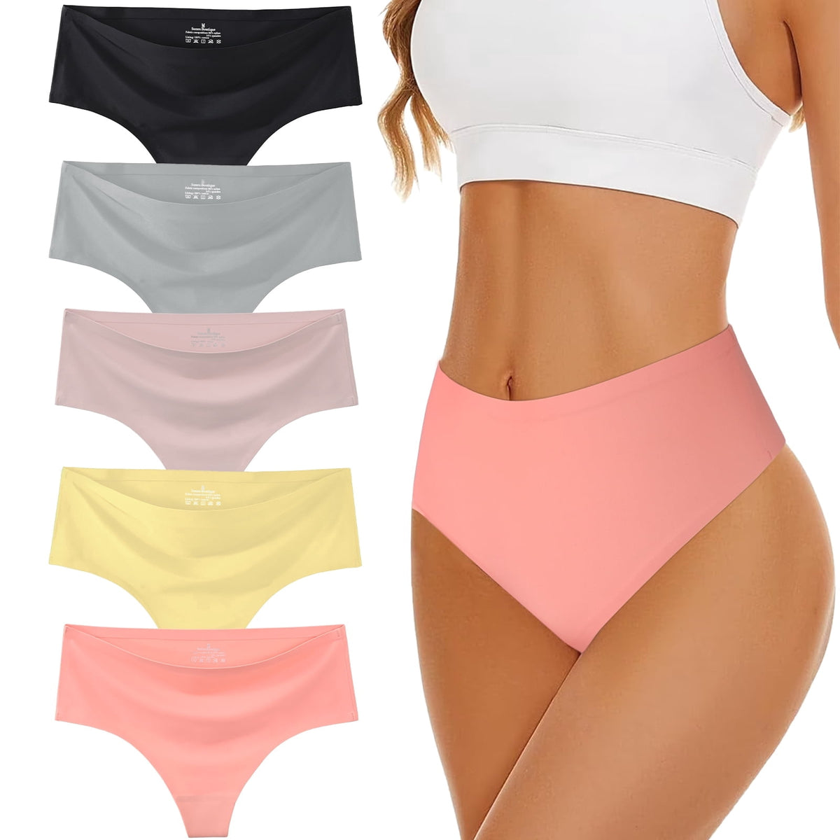 Sunm Boutique Cooling Seamless Thongs for Women, 5 Packs High Cut No Show Underwear Panties Thongs M-2XL