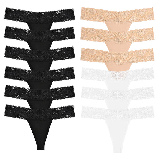 Sunm Boutique Stay-Put Lace Thongs for Women, 12-Pack Low Rise No Show Breathabl