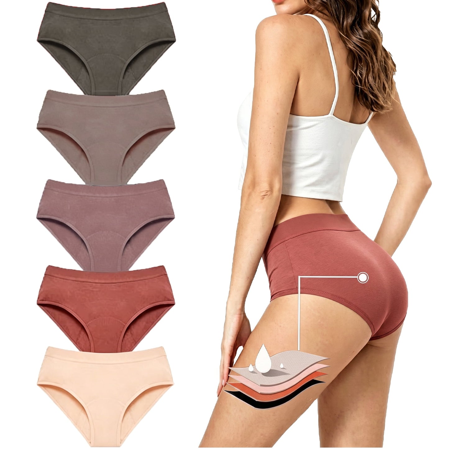 Sunm Boutique Full Coverage Leak-Proof Period Underwear for Women, 5-Pack Bamboo Mid-Rise Menstrual Panties, Quick Absorbing Breathable
