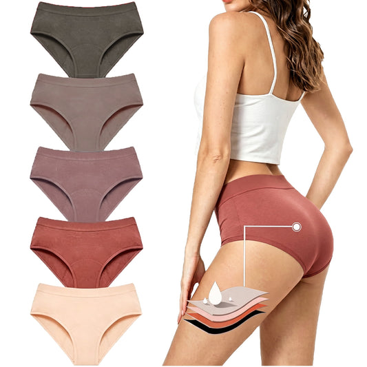 Sunm Boutique Full Coverage Leak-Proof Period Underwear for Women, 5-Pack Bamboo Mid-Rise Menstrual Panties, Quick Absorbing Breathable