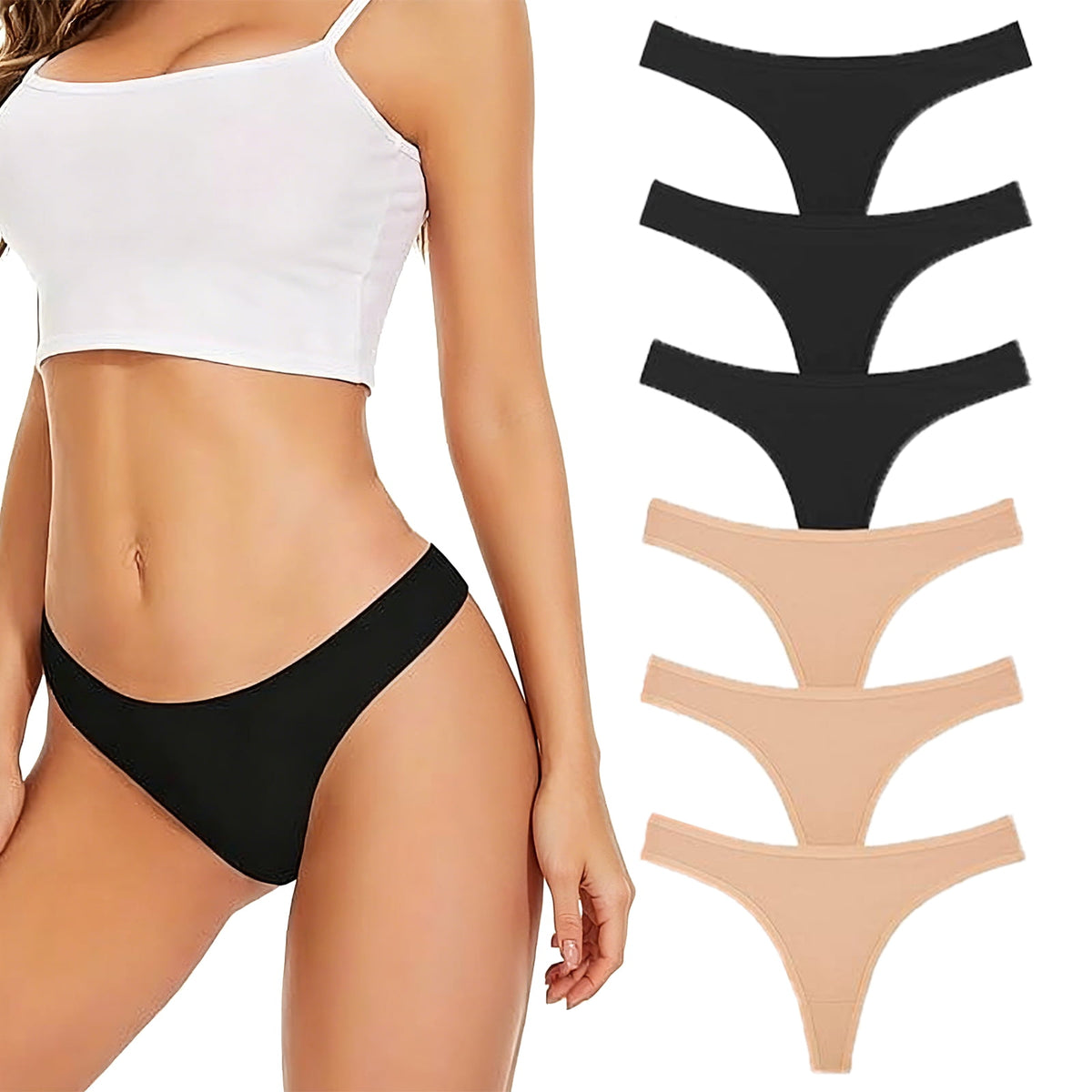 Sunm Boutique Low Rise Cotton Thongs for Women,No Show Thongs Stretch Thong Panties Underwear,6 Packs