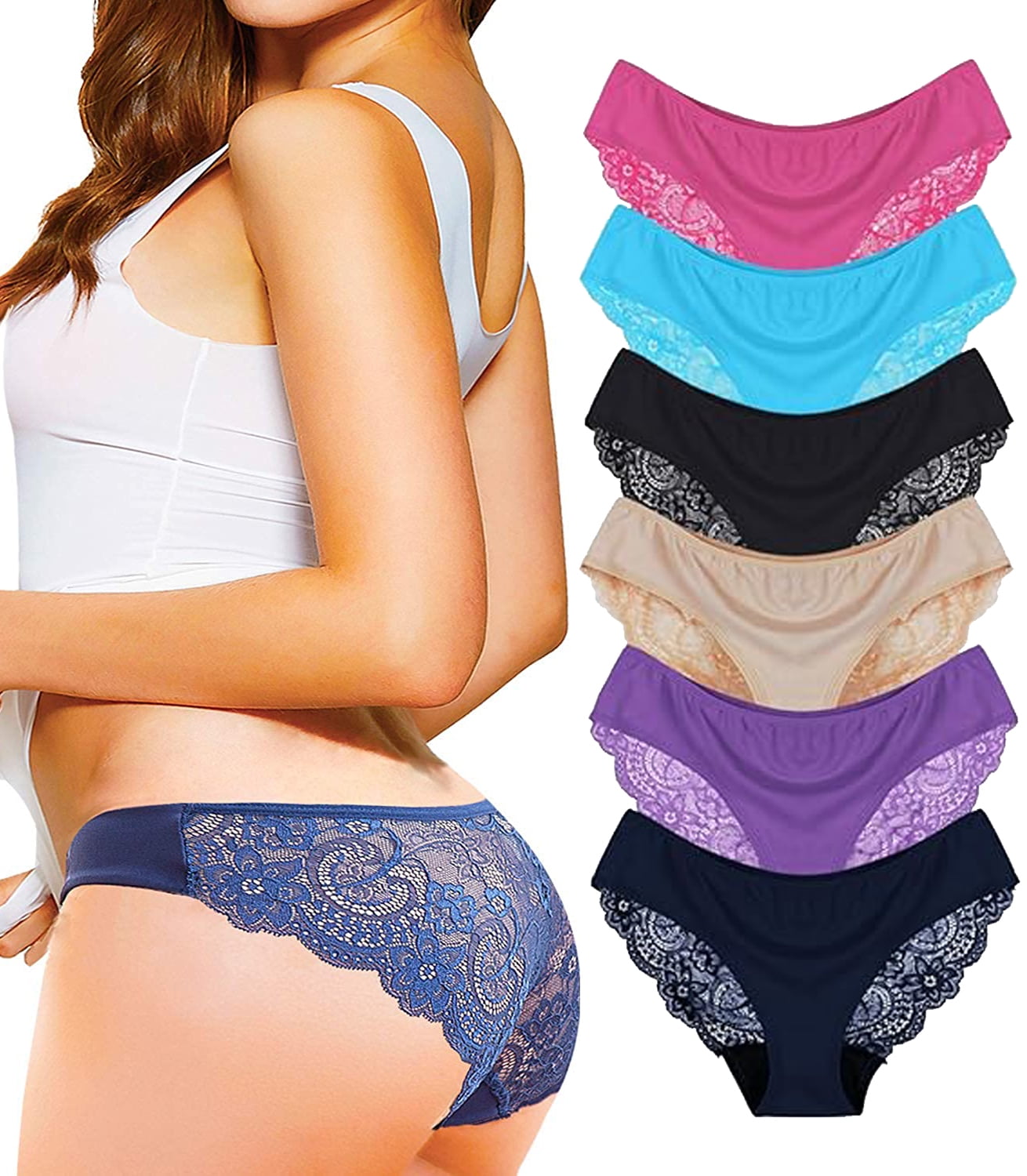 Sunm Boutique Sexy Lace Underwear for Women, Invisible Seamless Cotton Panties for Women, Half Back Coverage Womens Panties Bikini, 6Pack