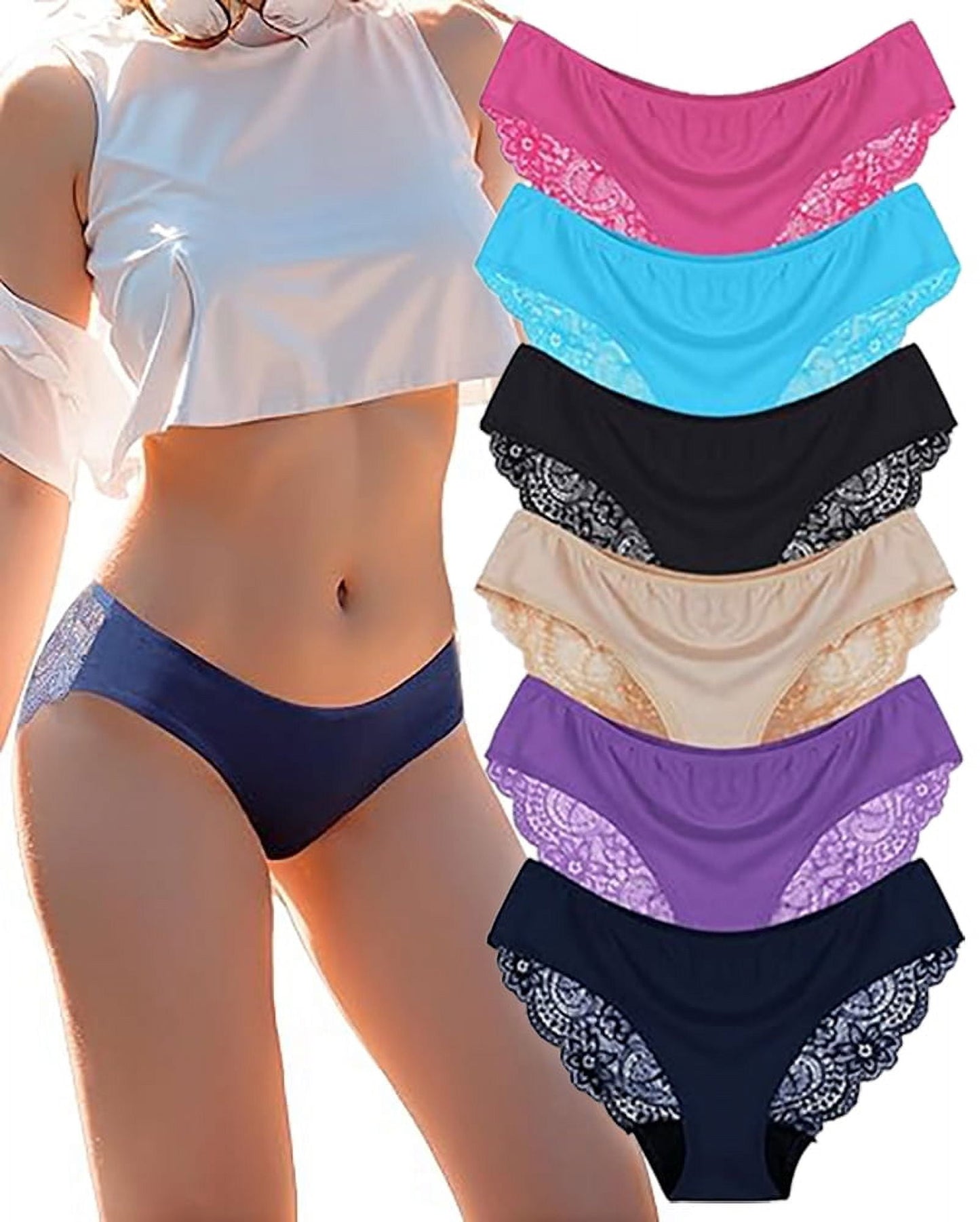 Sunm Boutique Sexy Lace Underwear for Women, Invisible Seamless Cotton Panties for Women, Half Back Coverage Womens Panties Bikini, 6Pack