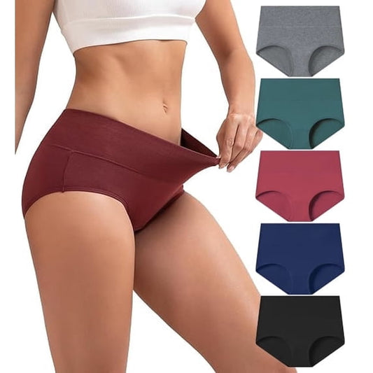 Sunm Boutique Women’s Cotton Briefs Underwear, 5-Pack High Waisted Full Coverage Panties, Soft Breathable with Double-Layer Waistband