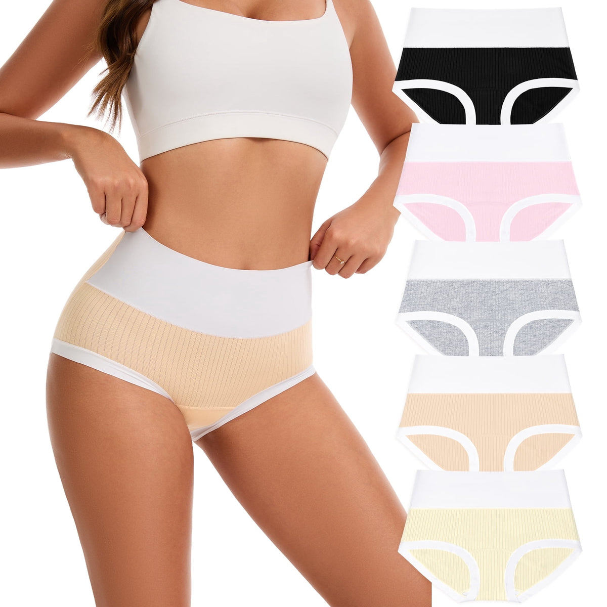 Sunm Boutique Women's High Waist Cotton Underwear 5-Pack Super Stretchy Briefs Full Coverage Panties Soft Women Panties