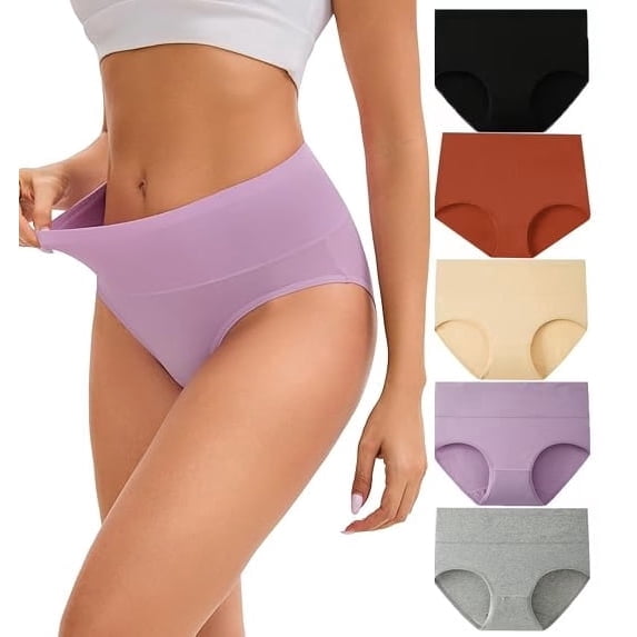 Sunm Boutique Women‘s Tummy Control High Waisted Underwear, 5-Pack Soft Cotton Briefs, Full Coverage Postpartum Panties