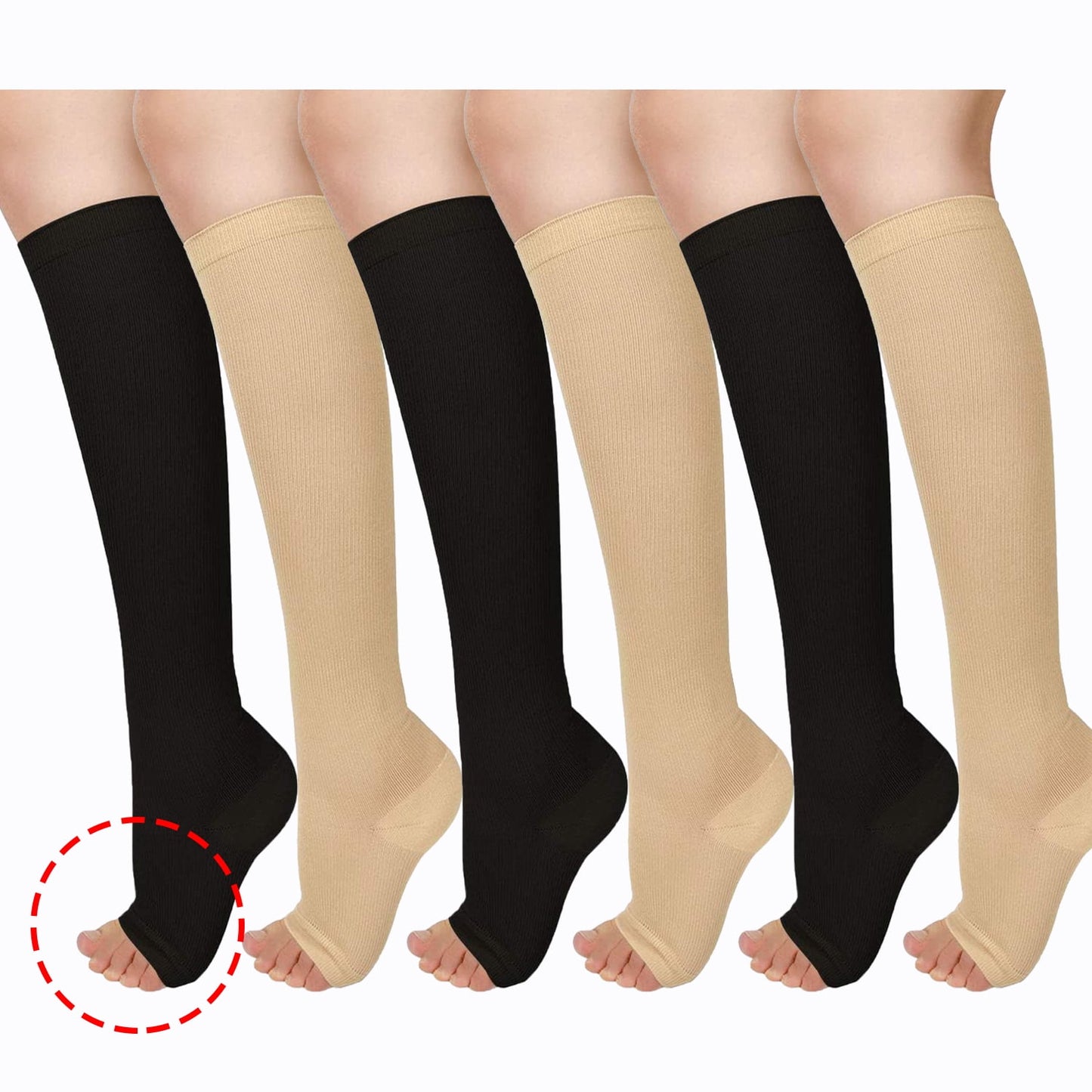 Wukang 3 Pairs S M Knee High Compression Stockings Open Toe 15-20mmhg Compression Socks for Woman Men