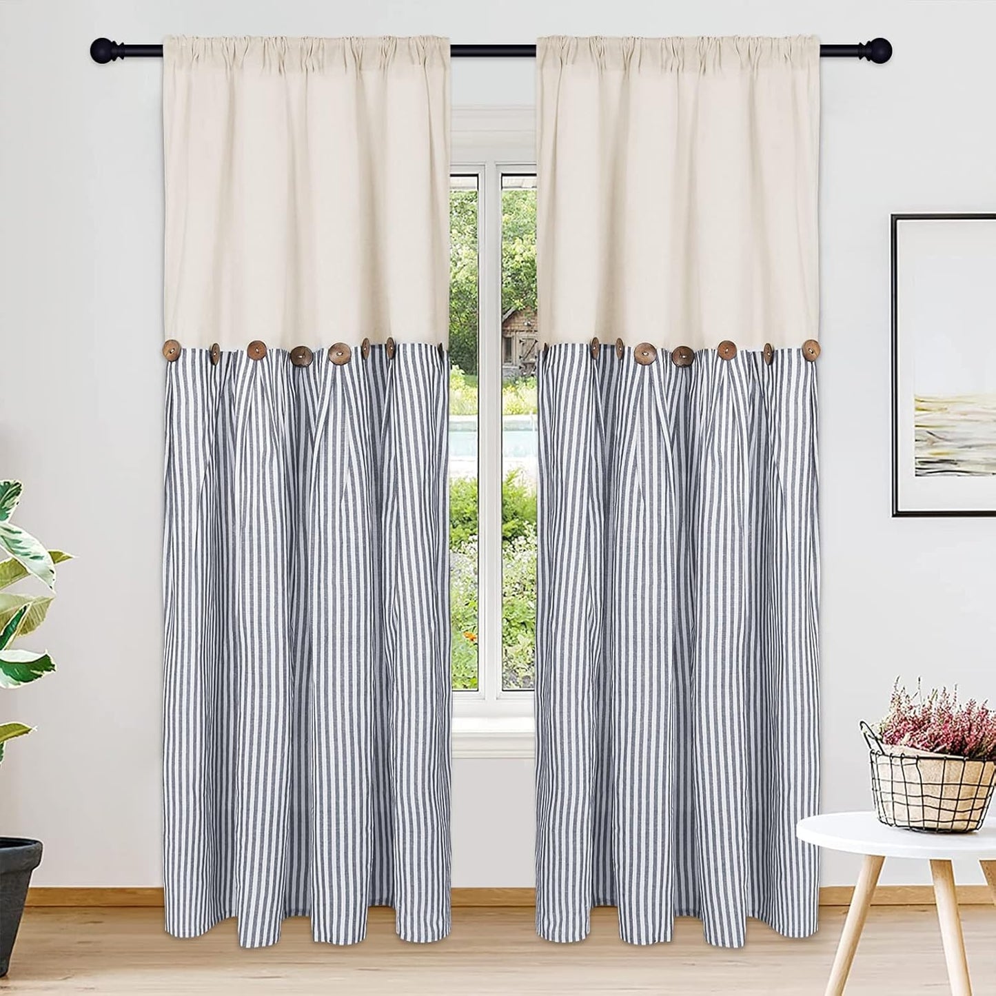 Alishomtll Farmhouse Curtains Natural Stripe Cotton Linen Button Boho Rustic Rod Pocket Back Tab Window Drapes for Living Room , 2 Panels