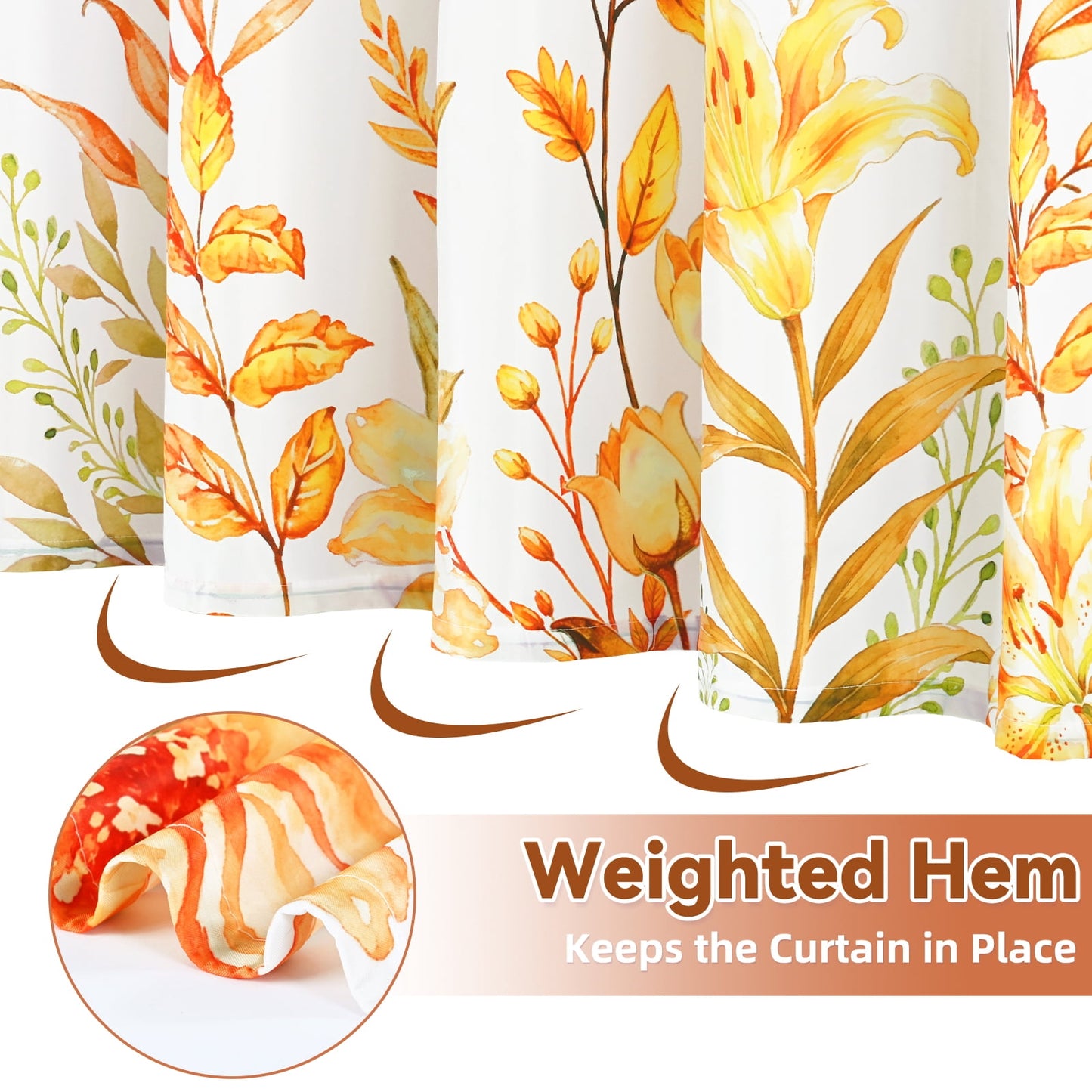 FRAMICS Fall Floral Shower Curtain Sets with Rugs, Waterproof Fabric Watercolor Flower Bathroom Sets with Hooks, Orange, 72" x 72"
