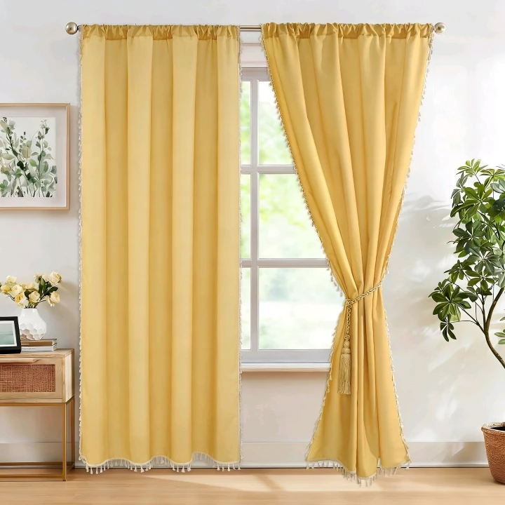 Invoibler Boho Curtains with Tassels,60-65% Room Darkening Curtain,Window Drapes,2 Panel,Yellow
