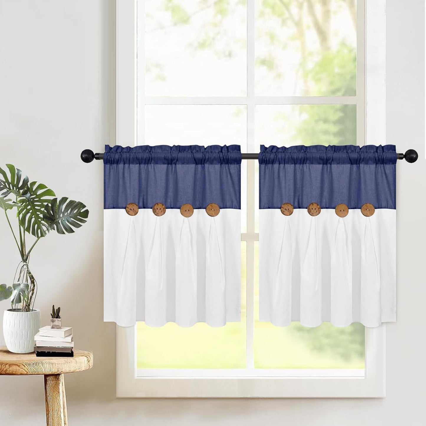 Alishomtll Farmhouse White Solid Print Rustic Rod Pocket Light Filtering Curtain Set, 26" x 24" (2 Panels),Blue White