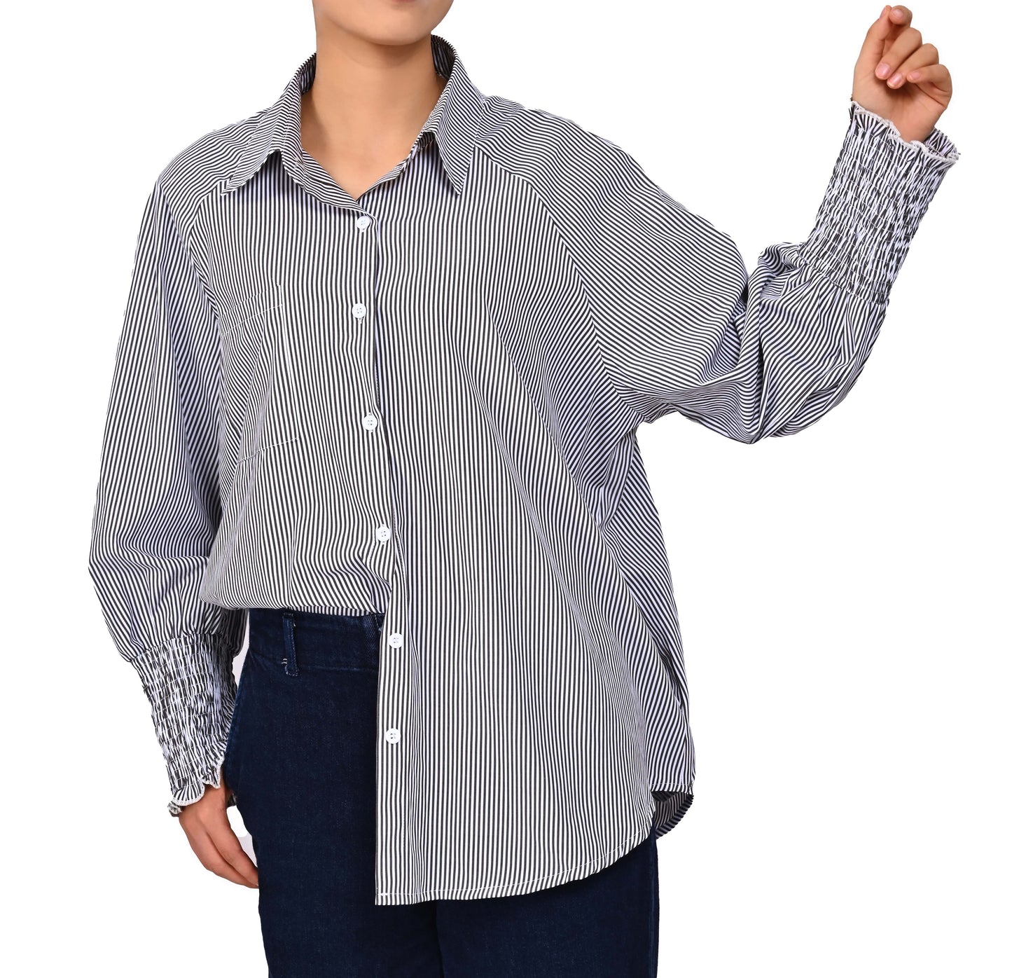 Gingprous Casual Button Down Shirt for Women Long Sleeve Oversized Striped Shirt with Pocket Smocked Cuffed Boyfriend Shirt