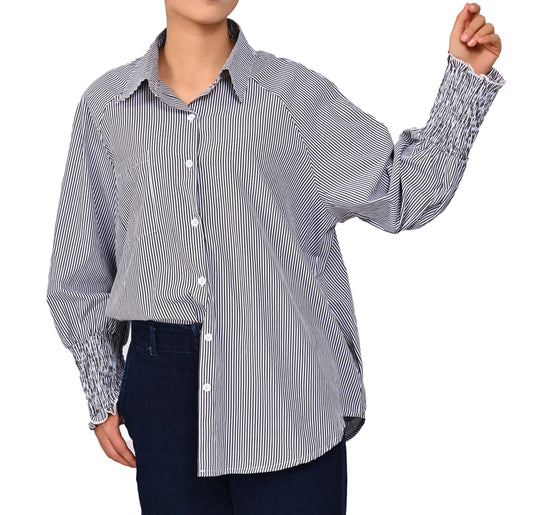 Gingprous Casual Button Down Shirt for Women Long Sleeve Oversized Striped Shirt with Pocket Smocked Cuffed Boyfriend Shirt
