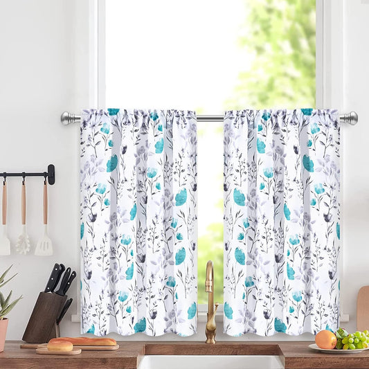 Alishomtll Kitchen Curtains Floral Print Tier Curtains Sets Light Filtering Small Window Drapes Rod Pocket ,26"Wx36"L,2 Panels,Teal