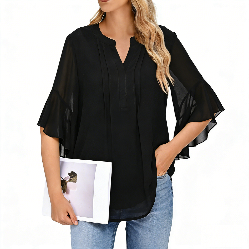 Gingprous Women's 3/4 Sleeve Henley Blouse, V Neck Pleated Ruffle Sleeve Dressy Casual Top, Red Polka Dot