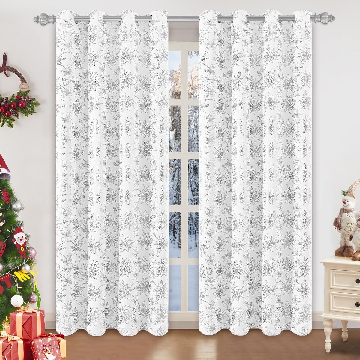 Alishomtll Red Christmas Blackout Curtains Golden Poinsettia Foil Print Room Darkening Window Drapes, 52" x 84"L, Set of 2 Panels