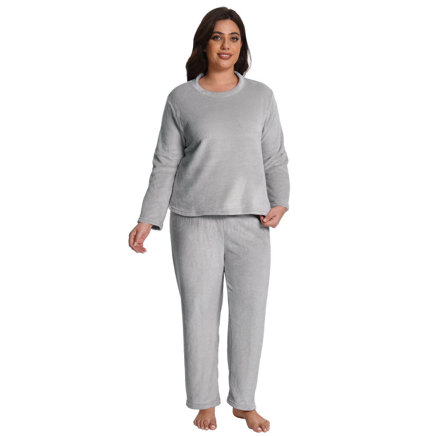 MecTo Women Plus Size Fluffy Pajamas Sets, Lady Fleece Long Sleeves PJ, Grey, 2 piece, Size 4XL
