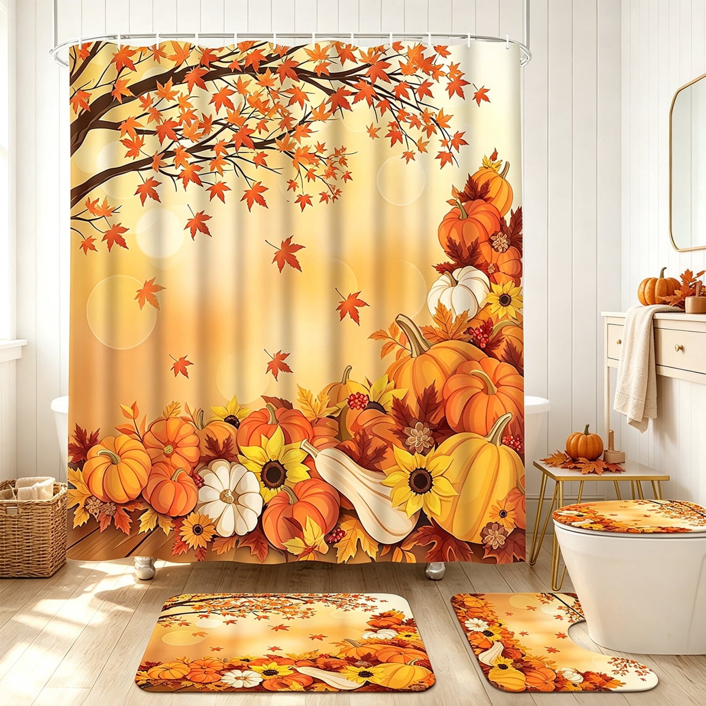 FRAMICS 16-Piece Fall Shower Curtain Sets with Rugs, Maple Leaves Pumpkin Bathroom Sets, Waterproof Fabric Bathroom Curtain Decor with Hooks