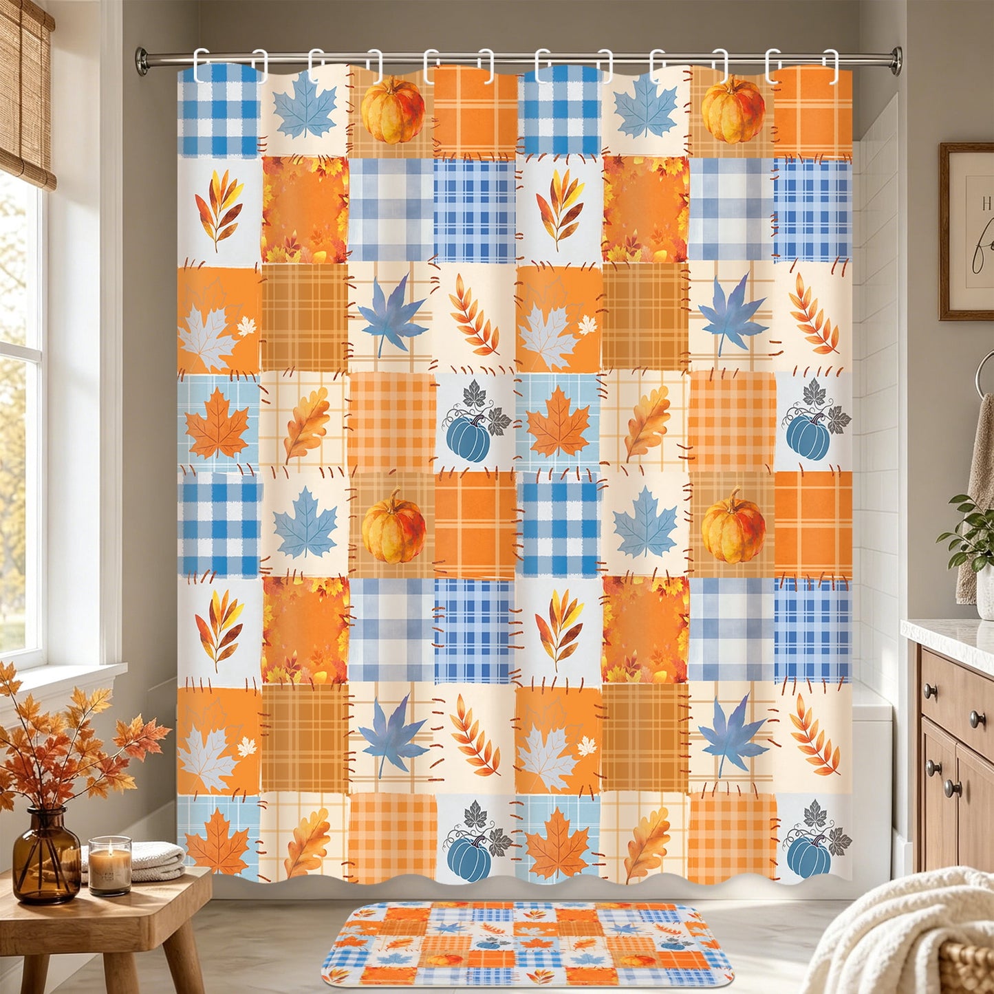 FRAMICS Thanksgiving Plaid Pumpkin Shower Curtain Sets with Rugs, 16-Piece Fall Leaves Bathroom Sets with Hooks, Waterproof Fabric Orange Blue Bathroom Decor Set